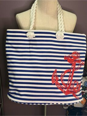 Punctuate Nautical Striped Canvas Tote Bag with Red Anchor Accent